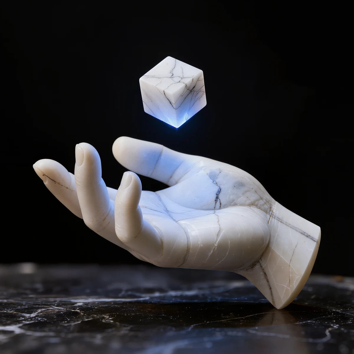 A marble hand holding a glowing marble cube