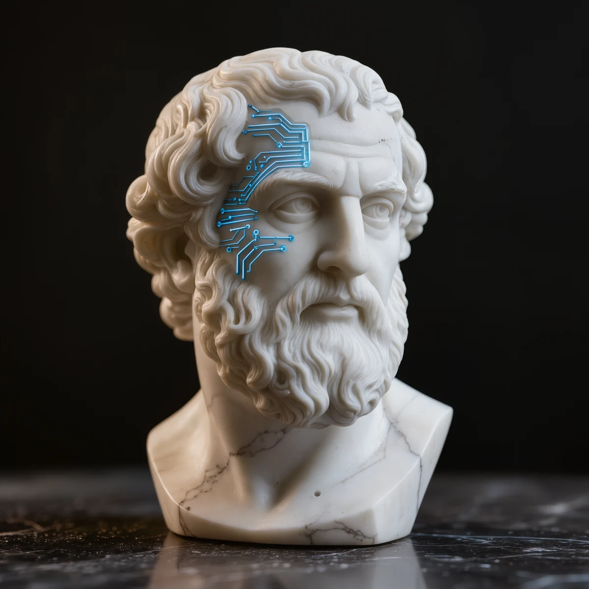 A marble bust with circuitry etched into the temple