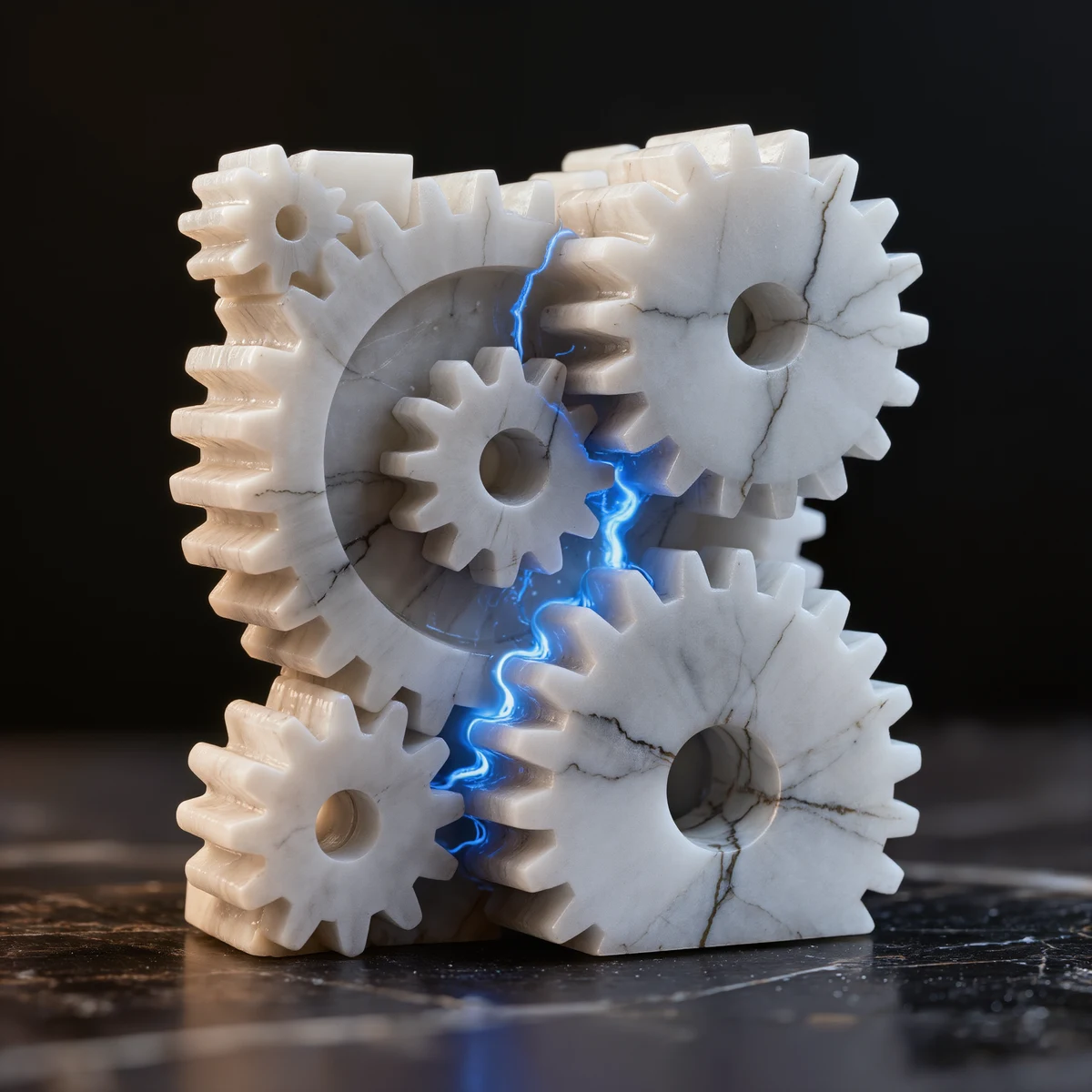 Marble gears meshing, lit from within