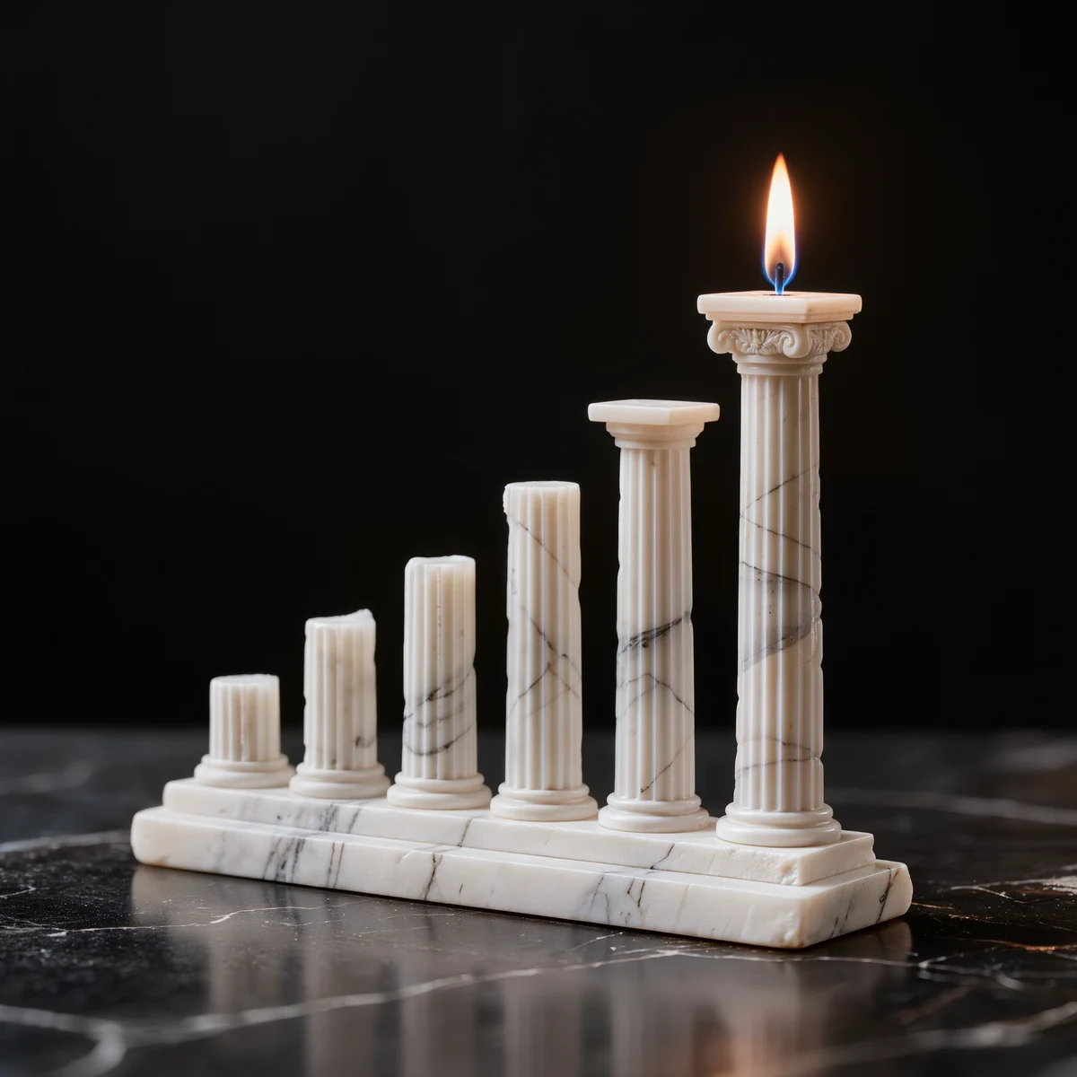 A row of marble columns rising like a chart, the tallest lit