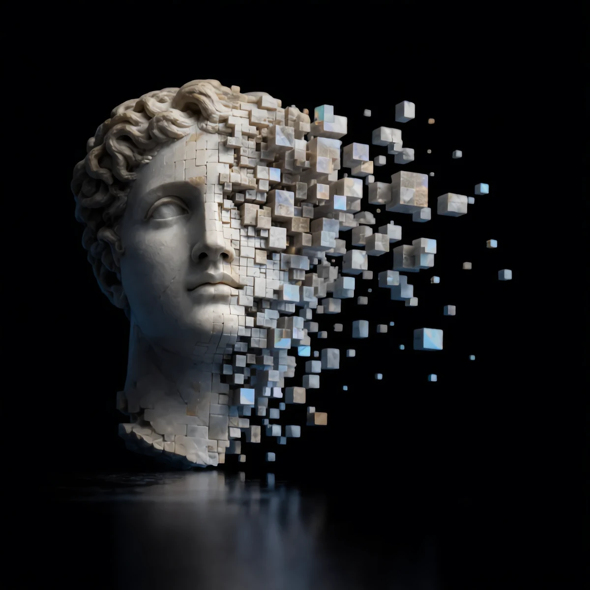 A marble head resolving into pixels
