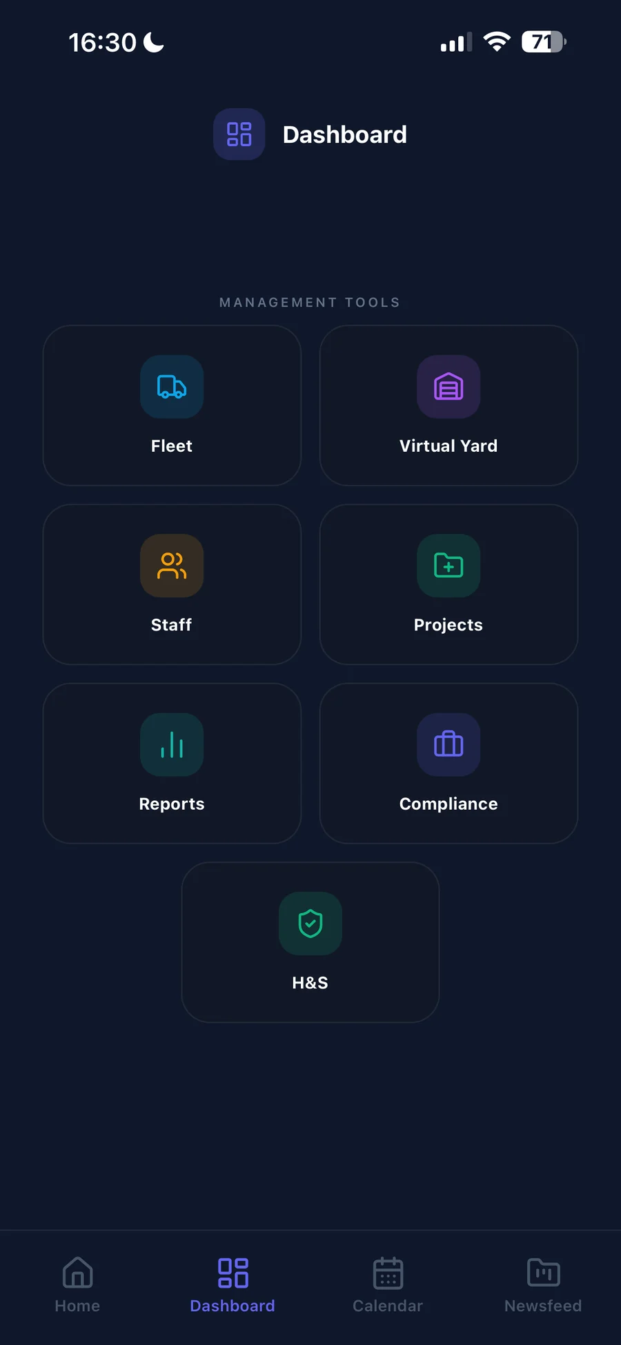 UCL app: the manager dashboard, with tiles for fleet, virtual yard, staff, projects, reports, compliance and health and safety